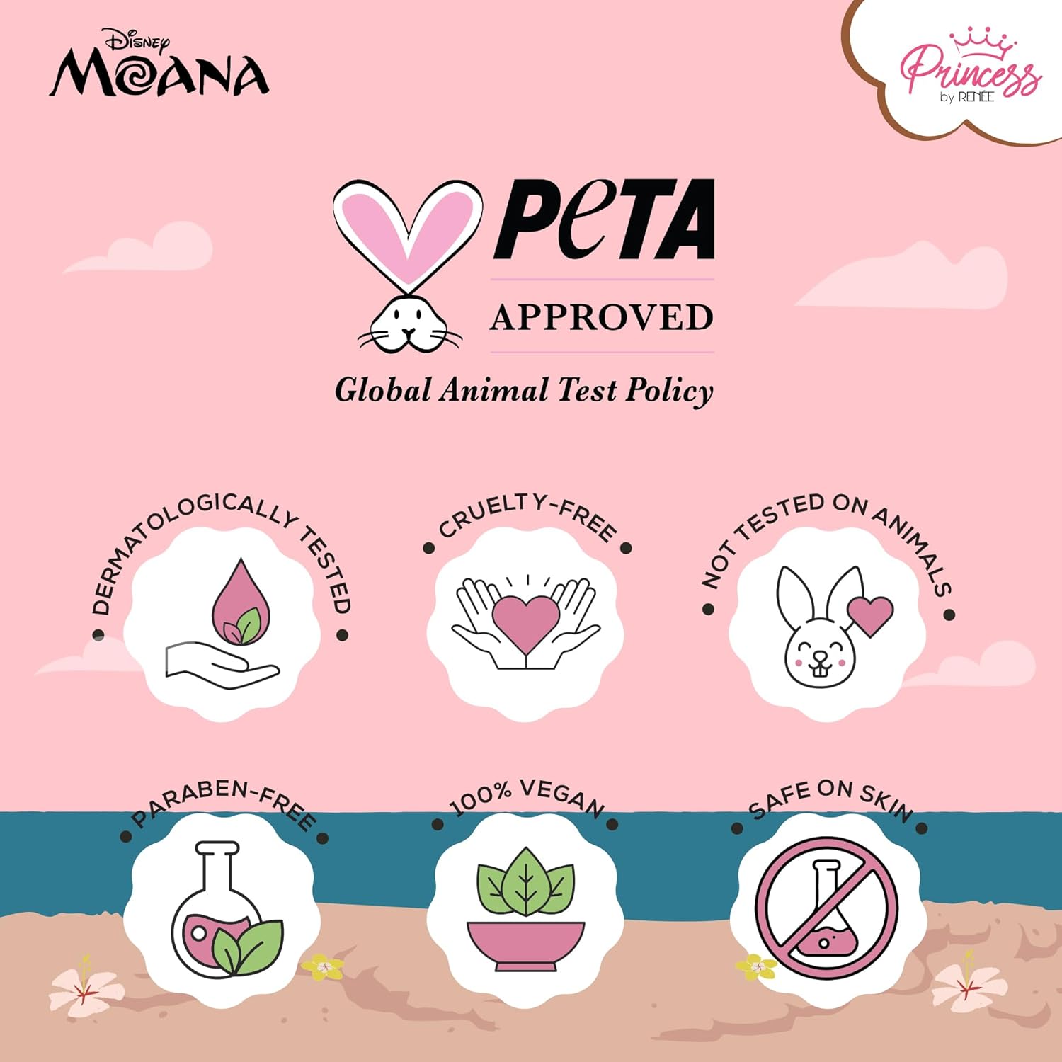 Disney Moana PETA approved cruelty-free product label on a pink background with icons and text.