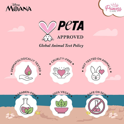 Disney Moana PETA approved cruelty-free product label on a pink background with icons and text.