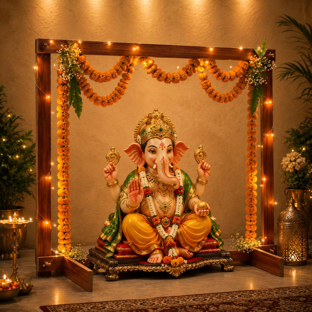 Foldable Wooden Mandap for Ganpati Decoration | Folding Ganpati Mandap for Home Pooja, Ganesh Chaturthi, Janmashtami, Navratri & All Festival Decoration | Wooden Backdrop Stand (Brown) (30 × 36 Inch)