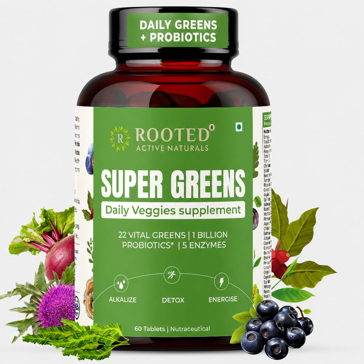 Rooted Active Super Green Tablets for Men & Women, 60 Tablets 22+ Vital Greens, 1 Billion Probiotics, 5 Enzymes, Supports Gut Health, Energy, Immunity