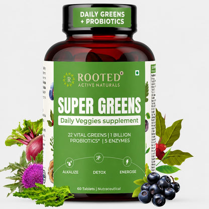 Rooted Active Super Green Tablets for Men & Women, 60 Tablets 22+ Vital Greens, 1 Billion Probiotics, 5 Enzymes, Supports Gut Health, Energy, Immunity