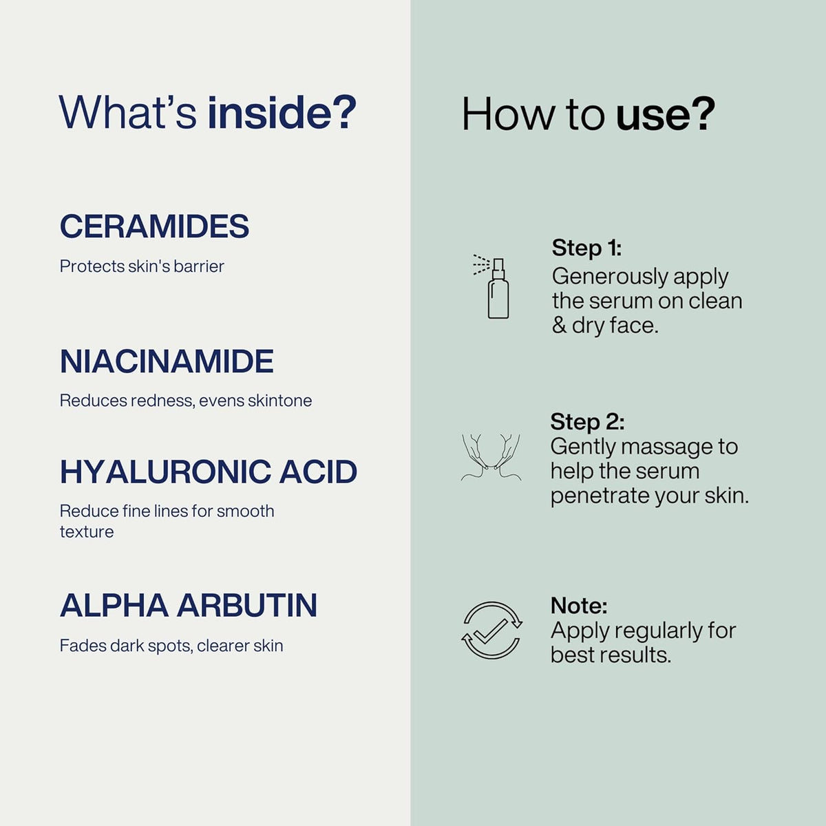 Product information card with ingredients and usage instructions on a white background