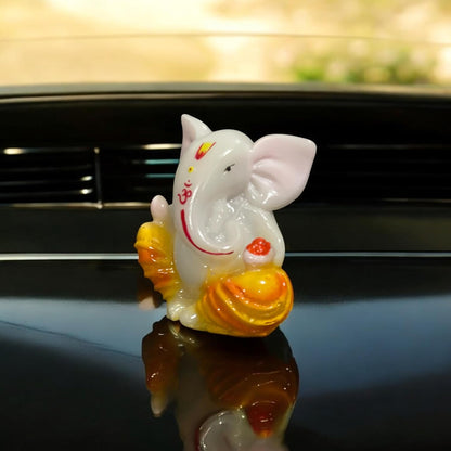 Lord Ganesha Idol for Car Dashboard | Composite Marble Ganesh | Available in White, Golden & Black | Small Sitting Ganpati Murti