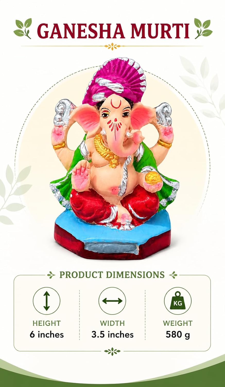 DORAYA EARTH CREATION Clay Ganpati Murti Handmade Eco-Friendly Multicolour Ganesh Idol for Home Temple, Ghar Pooja, Ganesh Chaturthi Decoration, Office Desk & Festive Gift | 6.5 Inch (Green)
