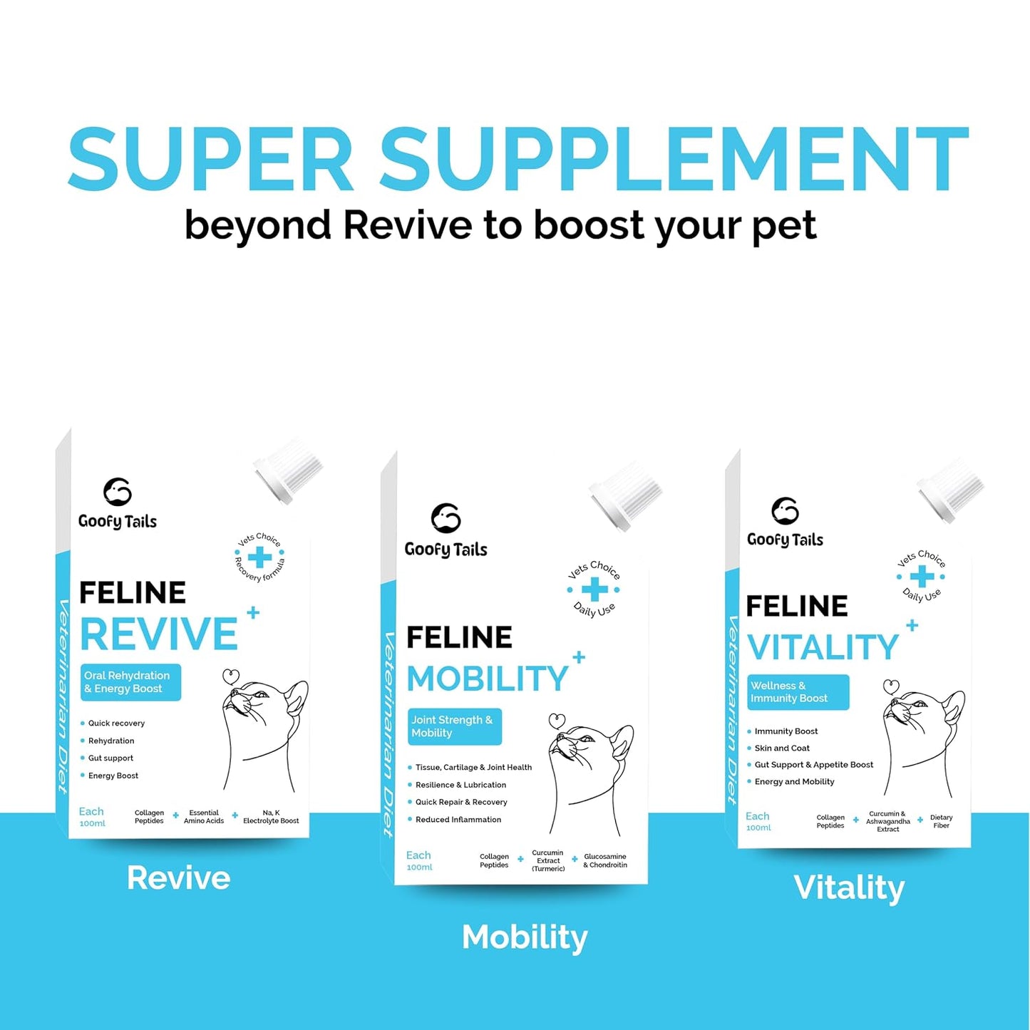 Goofy Tails Feline Vitality+(100Mlx1Pack) Liquid Immunity Booster for Cats, Cat Coat Supplement, Gut Supplement, Boosted with Curcuminoids, Ashwagandha, Prebiotics and Collagen for Cats
