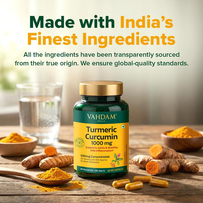 VAHDAM Turmeric Curcumin for Joint Support | 60 Capsules | Piperine & 95% Curcuminoids | Anti Inflammatory Supplement