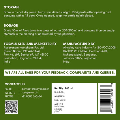 Product label with storage, dosage, and contact information on a green background