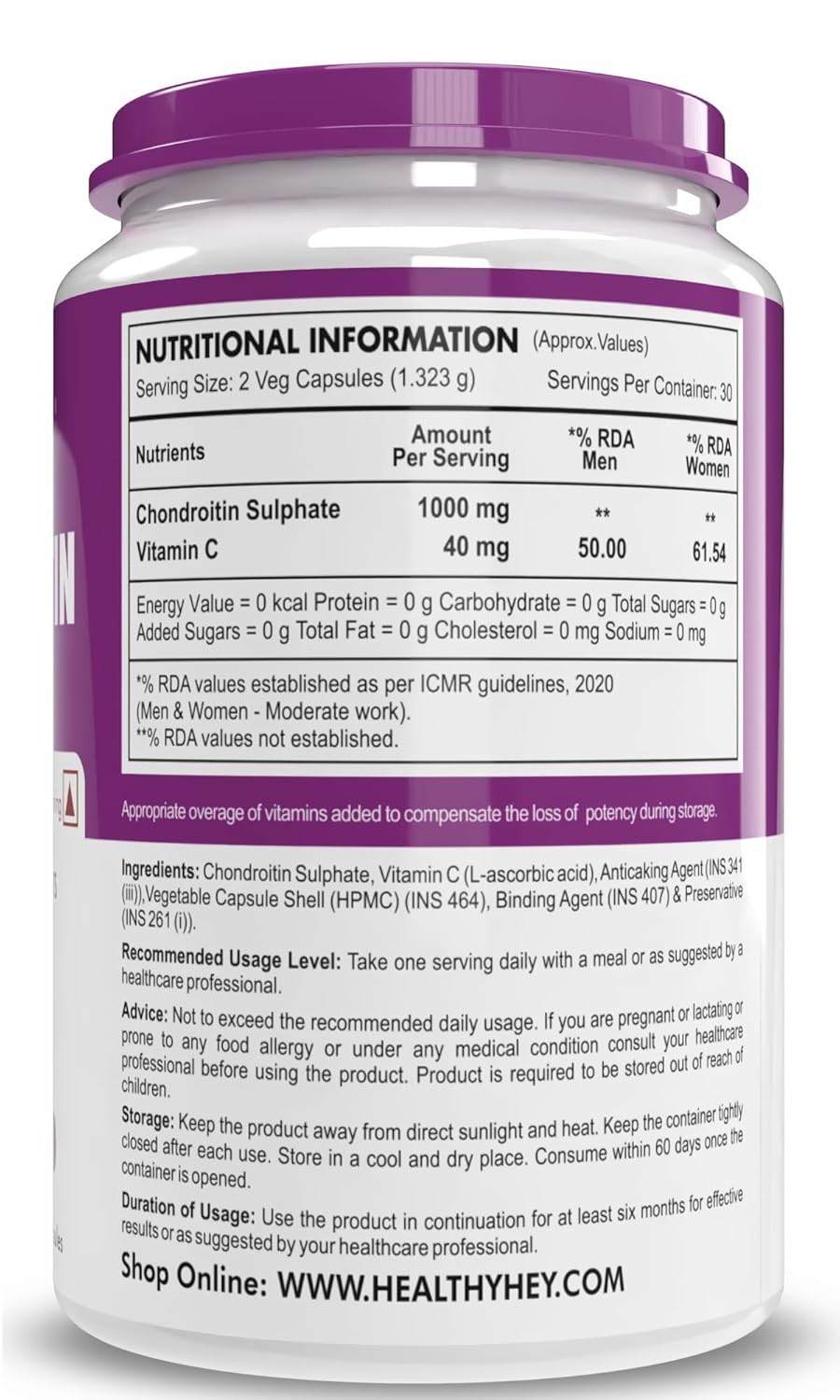 Supplement container with nutritional information and branding on a white background