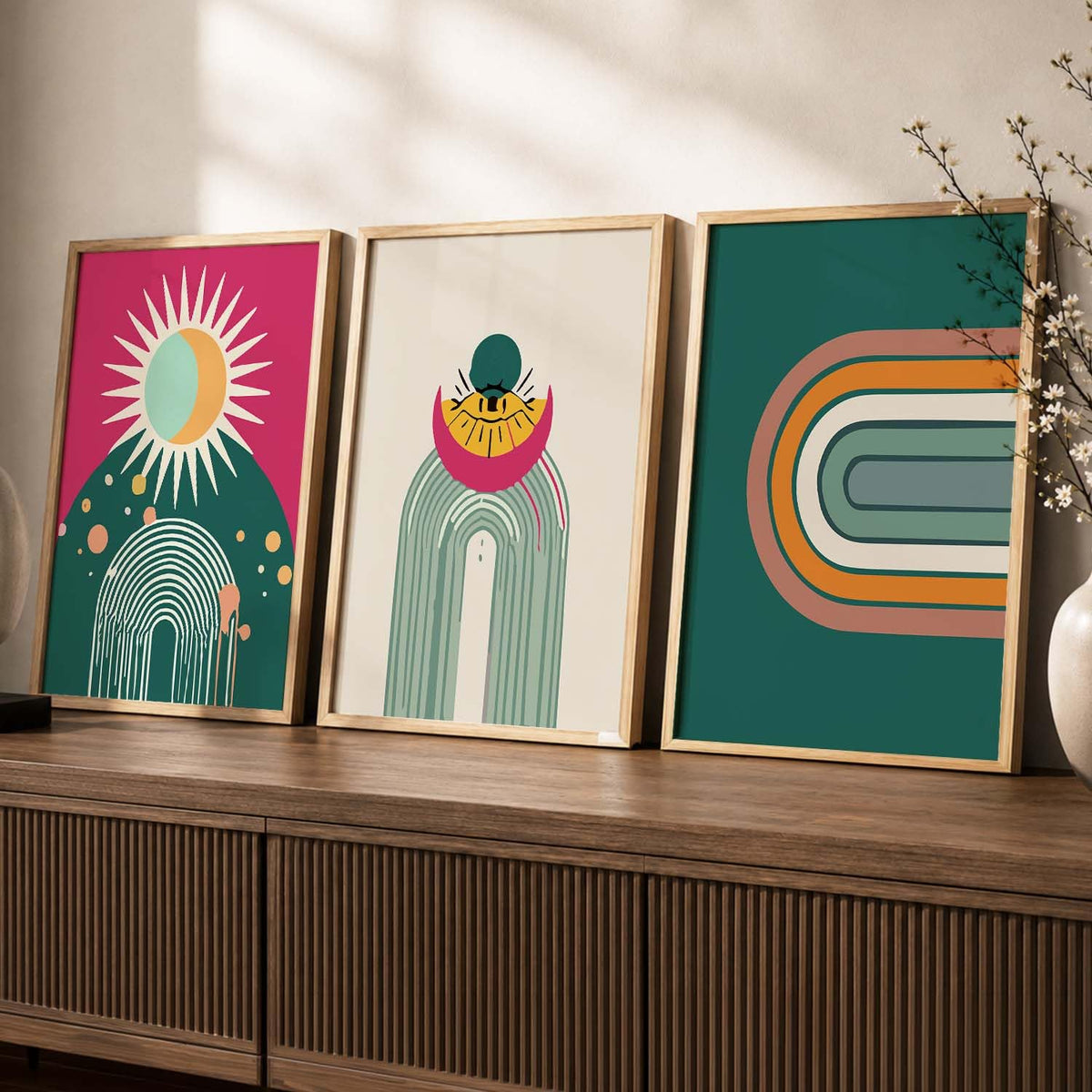 Boho Painting Wall Art Home Decoration Paintings With Frame For Living Room Bed Room Hotel Wall Decor Digital Reprint Set of 3 (13X17 inch)