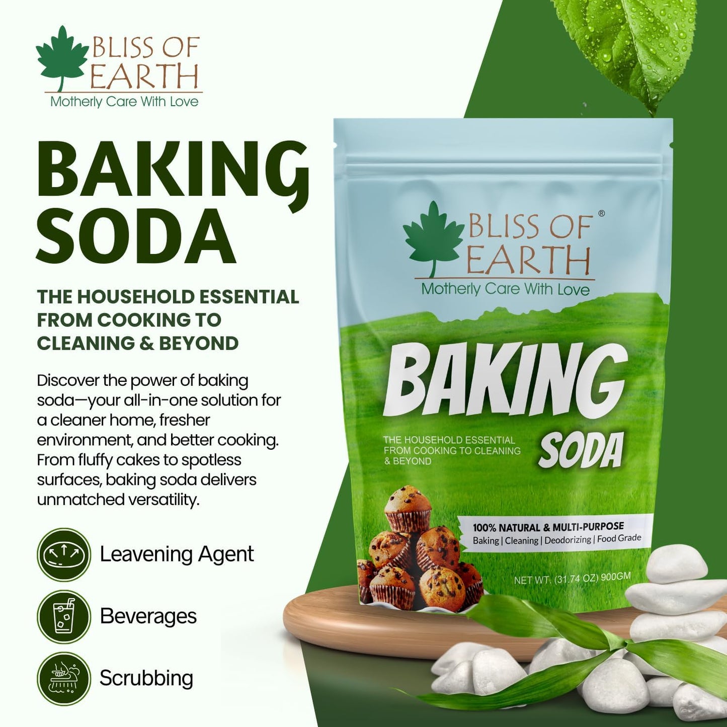 Bliss of Earth Baking Soda for Cooking, Baking Soda for Food & Cleaning Purpose, 900gm, Pure Sodium Bicarbonate for Baking, Cleaning, and Deodorizing, Food Grade, Non-GMO, Eco-Friendly