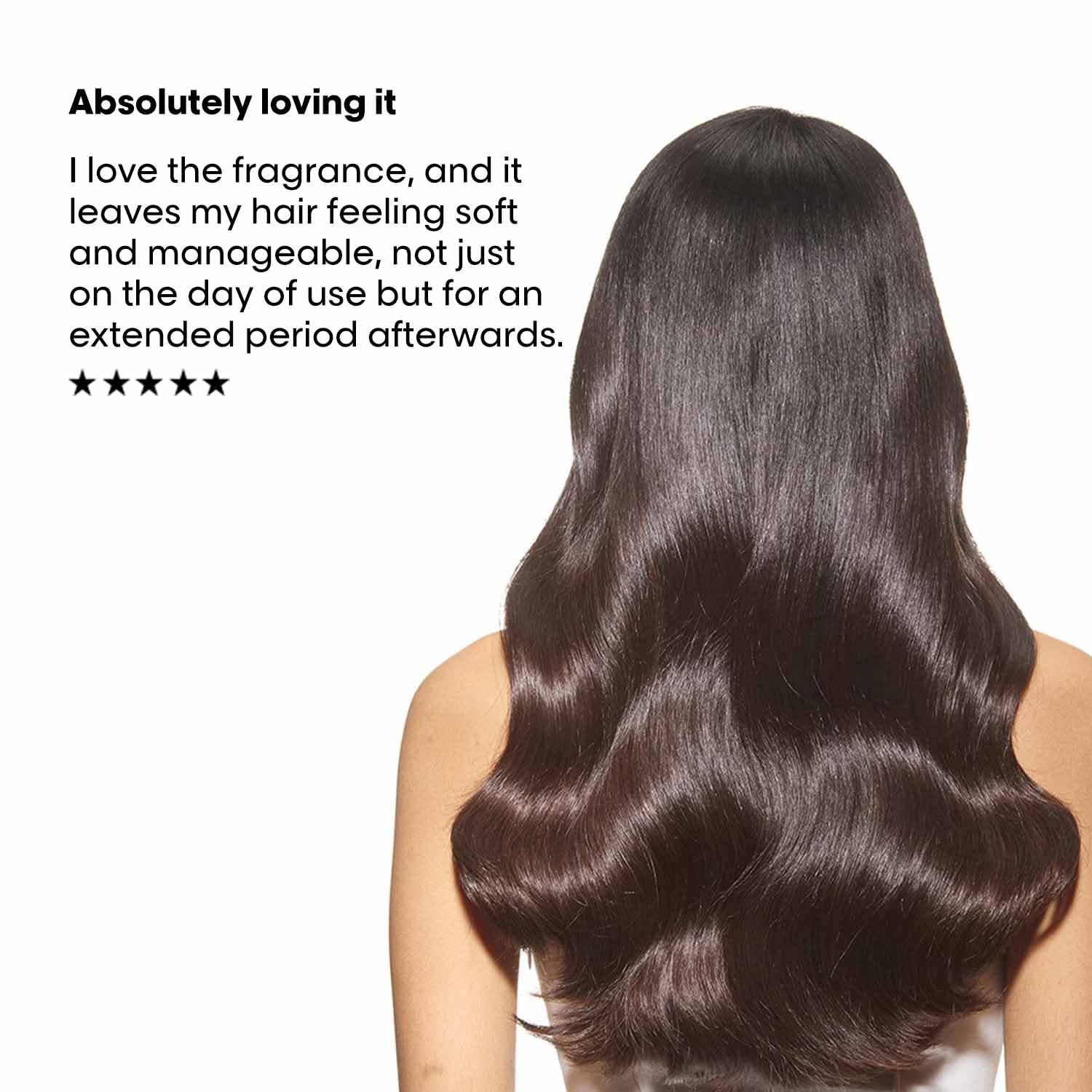 Person with long, wavy hair and text about product satisfaction