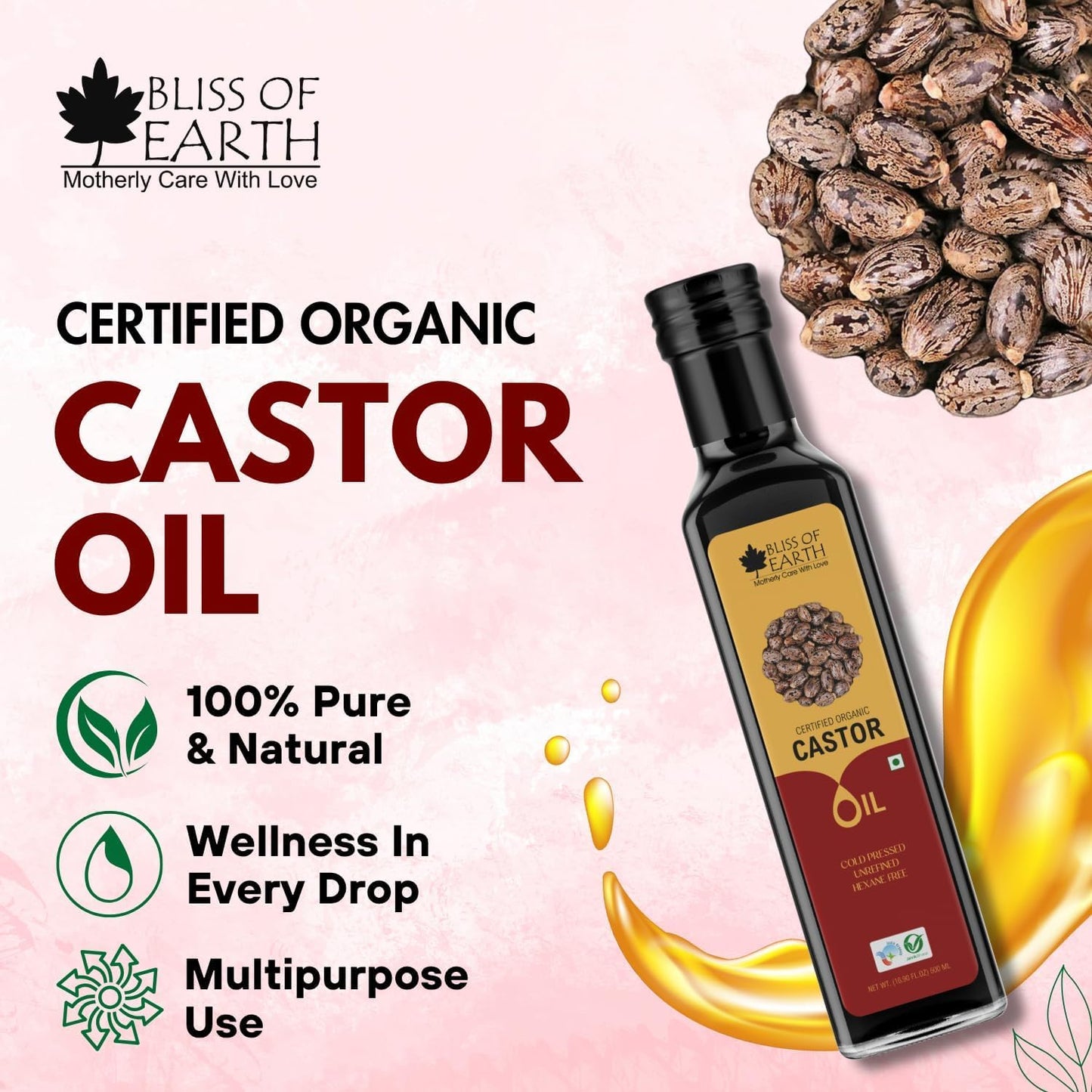 Bliss of Earth 500ML Certified Organic Castor Oil For Hair Growth, Cold Pressed & Hexane Free (Pet bottle)