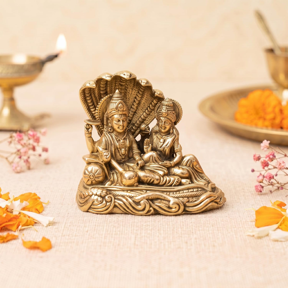 100% Pure Brass Vishnu Laxmi Murti on Sheshnag Sarp for Puja | Laxmi Narayan Murti for Office Desk, Home Decor | Lakshmi Narayan Idol for Housewarming Wedding Gifting