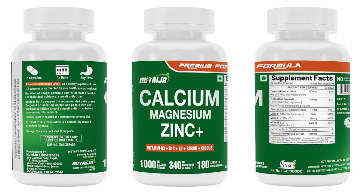 NutriJa Calcium Magnesium Zinc with Vitamin D3, Boron, K2 & B12 | Complete Bone Health & Joint Support Supplement for Men & Women (180 Capsules)