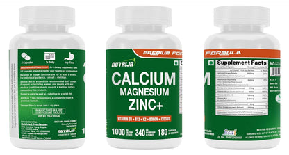 NutriJa Calcium Magnesium Zinc with Vitamin D3, Boron, K2 & B12 | Complete Bone Health & Joint Support Supplement for Men & Women (180 Capsules)