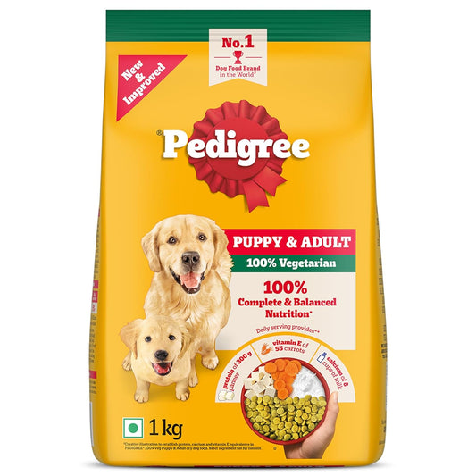Pedigree Adult & Puppy Dry Dog Food, 100% Vegetarian, 1 kg, Contains 37 Essential Nutrients, 100% Complete & Balanced Food for Adult Dogs