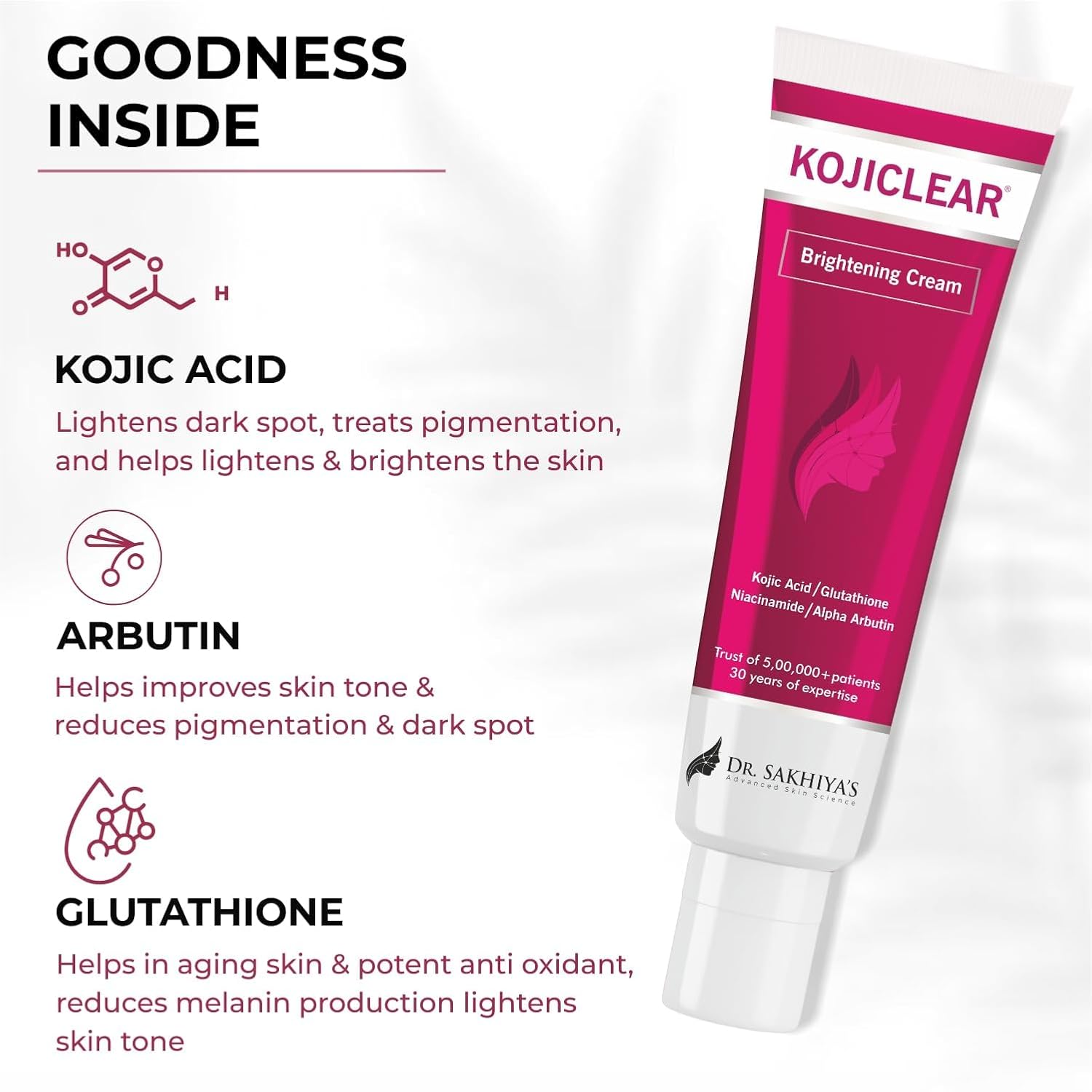 Kojiclear brightening cream with ingredients listed on a white background