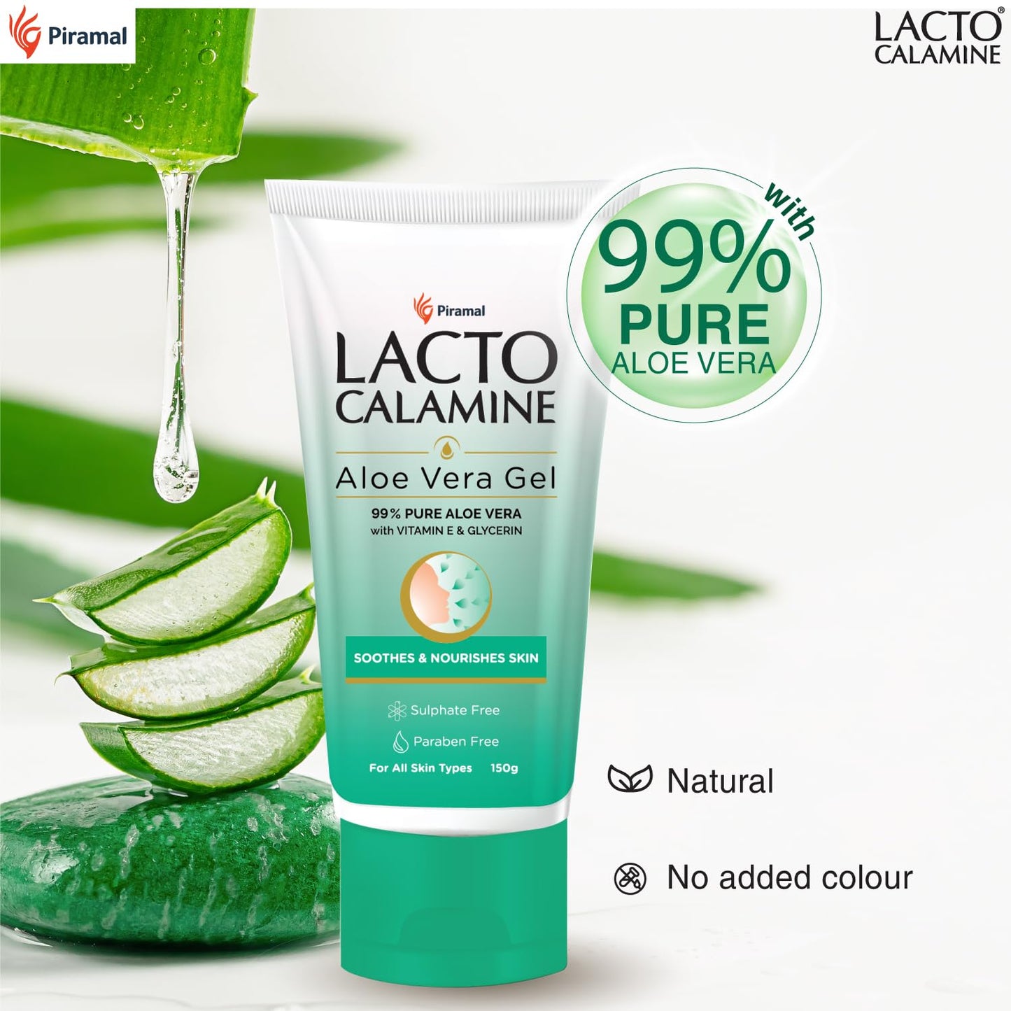 Lacto Calamine Aloe Vera Gel For Face | 150g | Moisturizer For Face With 99% Pure Natural AloeVera, Vitamin E & Glycerin For Hydrating Skin, Body & Hair | No Parabens, No Sulphates
