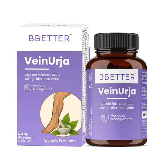BBETTER VeinUrja Varicose Vein Support | Ayurvedic Supplement for Leg Swelling, Heaviness & Pain Relief | Natural Circulation & Vein Health Formula | 60 Softgels