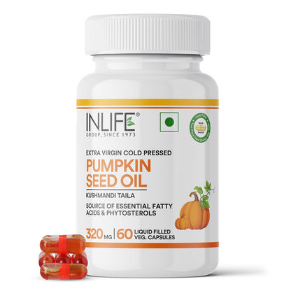 INLIFE Pumpkin Seed Oil Capsules | Extra Virgin Cold Pressed Pure Oil | Plant-Based Phytosterols | Prostate Health Support & Immunity | 60 Vegetarian Capsules