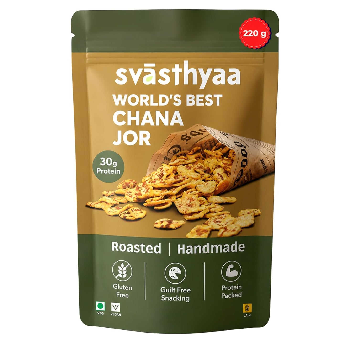 Svasthyaa Roasted Chana Jor Garam Healthy Indian Snack for Kids & Adults | Crispy Channa Namkeen | High Protein, Gluten Free | Vegan Jain Snack with Sea Salt & Hing | No Palm Oil, No Added Sugar | Travel & Office Snack | 220g - Pack of 1