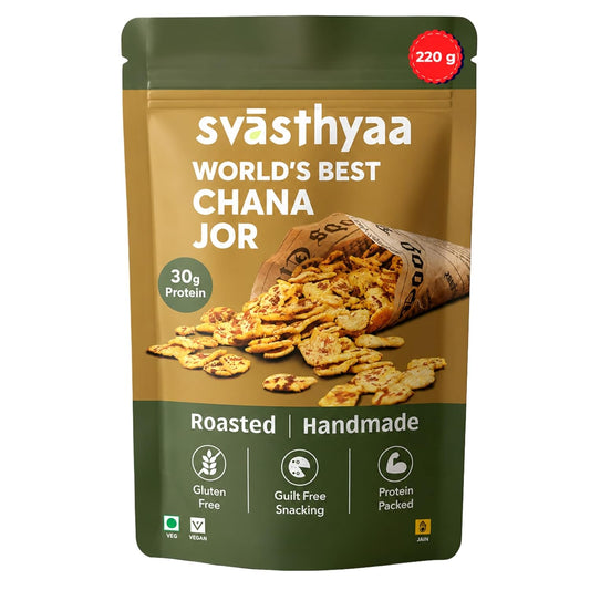 Svasthyaa Roasted Chana Jor Garam Healthy Indian Snack for Kids & Adults | Crispy Channa Namkeen | High Protein, Gluten Free | Vegan Jain Snack with Sea Salt & Hing | No Palm Oil, No Added Sugar | Travel & Office Snack | 220g - Pack of 1