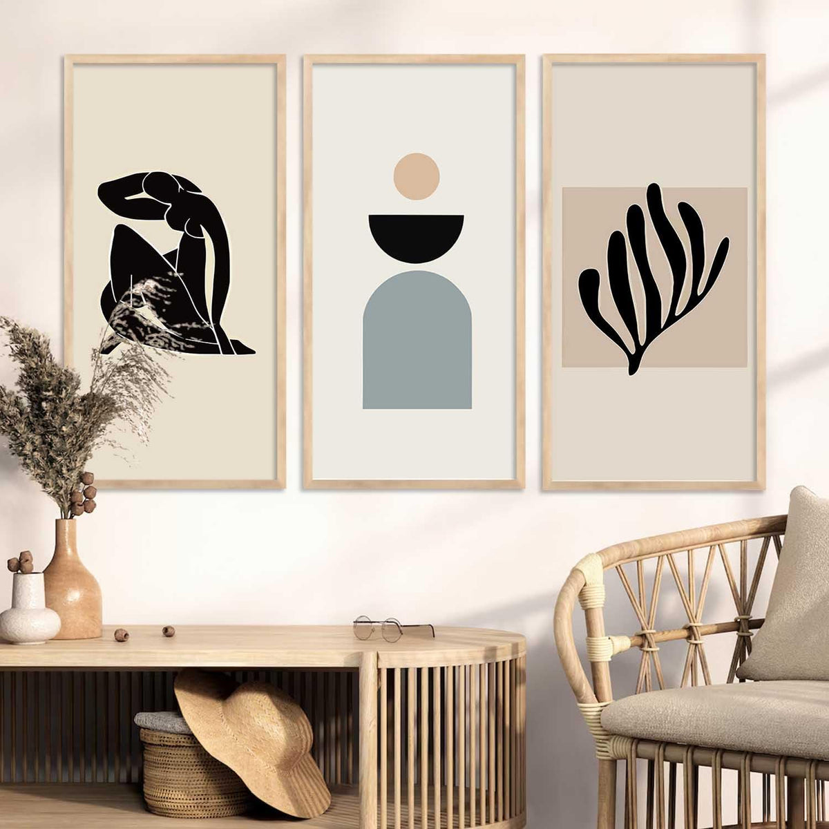 Boho Decorative Modern Wall Art Print With Frame Abstract Paintings For Living Room Bed Room Hotel Wall Decor Digital Reprint Engineered Wood Set of 3 (Art 9, 10x19 inch)