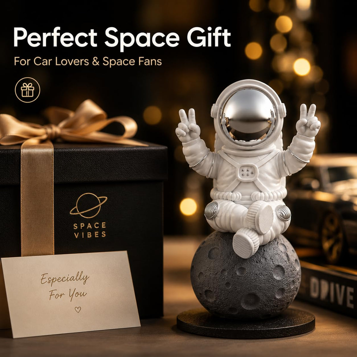 Astronaut Figurine Showpiece for Home Décor, Office Desk, Car Dashboard & Table Decoration | Space Astronaut Statue Collectible Gift for Home, Room & Workspace (Sitting on Moon Silver Large)