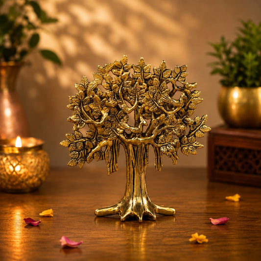 Metal Kalpavriksha Tree for Home Decor - Golden Wish Fulfilling Tree Metal Showpiece for Temple, Vastu, Office Table & Gifting Banyan (No 2 Golden)