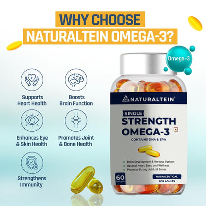 NATURALTEIN Omega 3 Fish Oil – 1000mg per Softgel | 60 Capsules | 180mg EPA & 120mg DHA | With Vitamin E | Premium Triglyceride Form | Supports Heart, Brain & Joint Health | Single Strength Formula