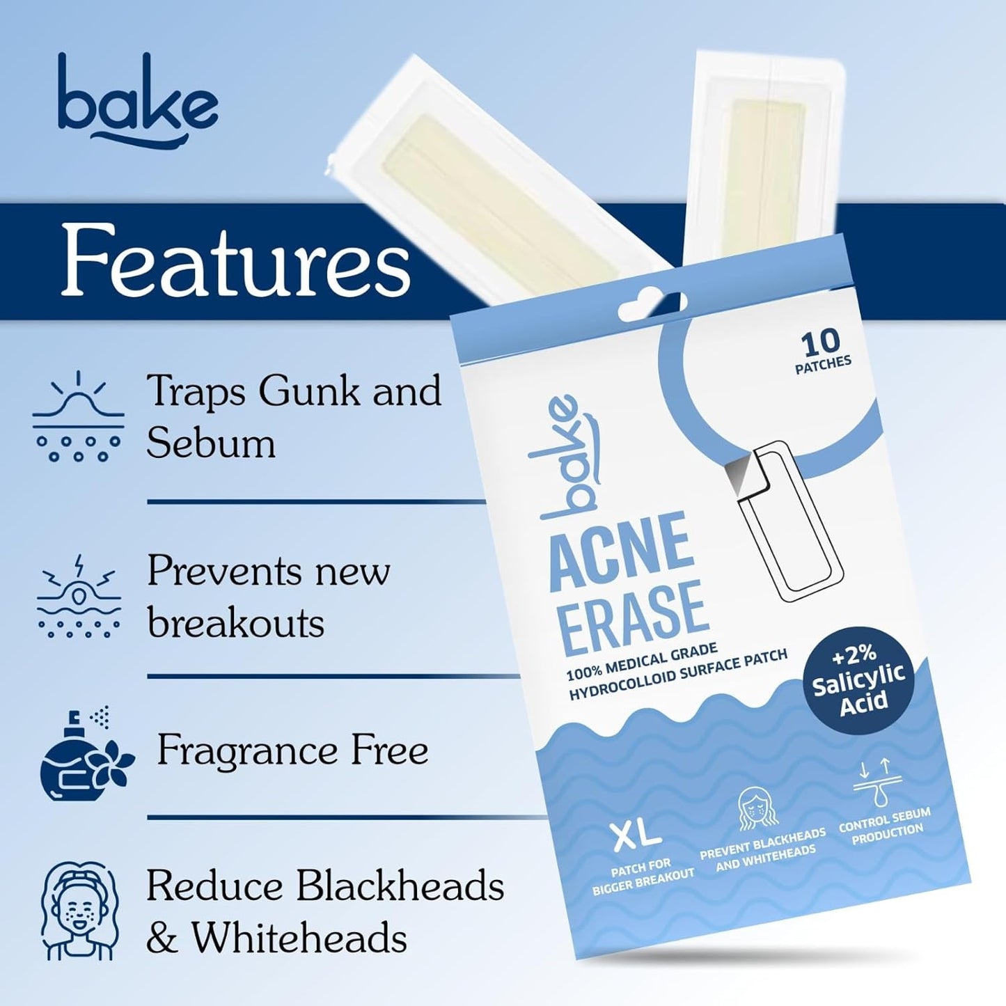 BAKE 2% Salicylic Acid Hydrocolloid Acne Absorbing (4 Patches) Surface Patch XL Pimple Patches for Blackheads Removal | Large Acne Erase Strips | Pore Cleansing & Reduces Whiteheads (10 Strips)