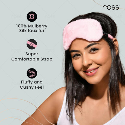 Ross 100% Mulberry Silk Faux Fur Sleep Mask – Super Soft, Plush & Smooth Eye Mask for Ultimate Comfort, Deep Sleep, Light Blocking & Relaxation – Perfect for Travel, Meditation & Better Sleep (Pink - Fur)