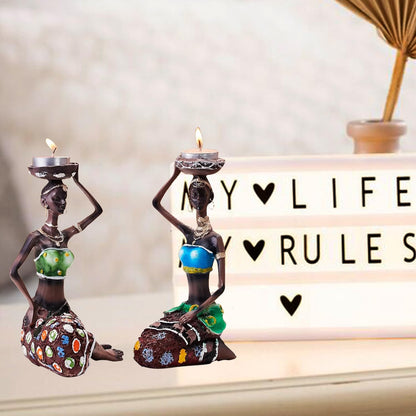 Handcrafted Home Decor Art Piece | Sitting African Tribal Women with Candle Holder | Set of 2 (Multicolor)