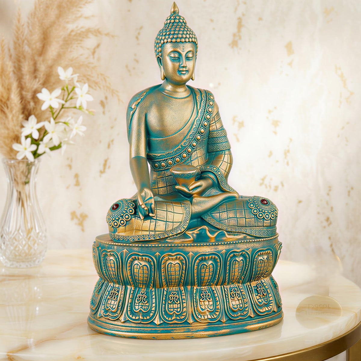 Buddha Statue Showpiece Idol Home Decor Items for Living Room and Gifts (Antique Golden Blue)