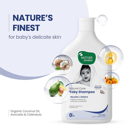 Mother Sparsh Natural Care Baby Shampoo-400ml | Tear Free Shampoo for Babies With Organic Coconut Oil, Calendula & Avocado | Suitable for Newborn Sensitive Skin