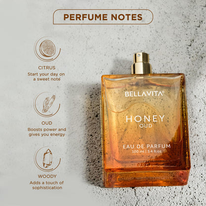 Bellavita Honey Oud Eau de Parfum bottle with perfume notes on a textured gray background