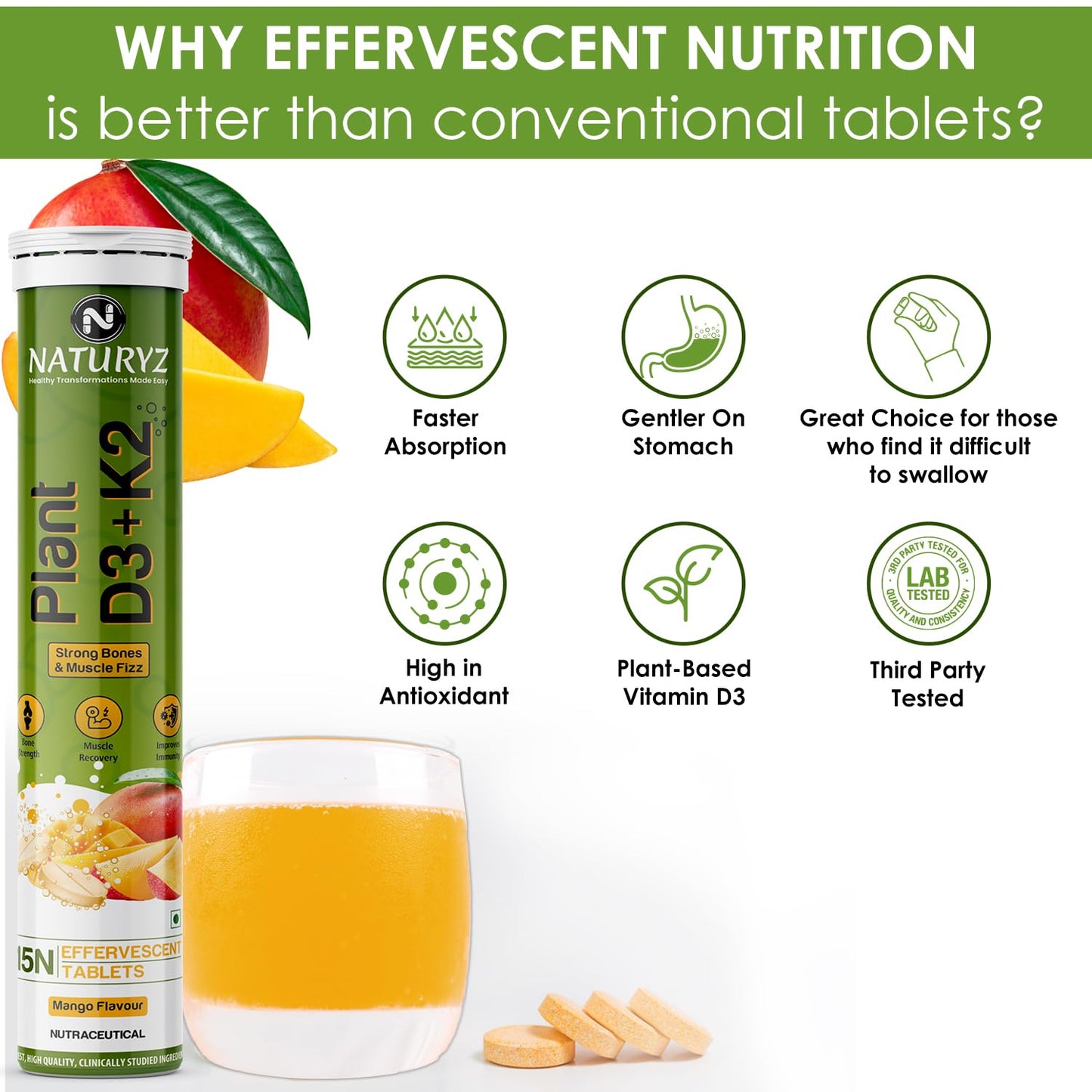 Naturvz Plant D3+K2 supplement with a glass of orange juice and effervescent tablets on a white background.