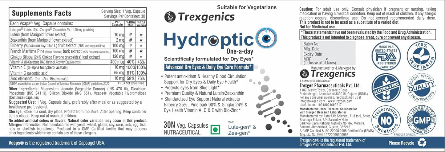 Trexgenics® HYDROPTIC Advanced Dry Eyes & Eye Care One-a-day Vegetarian formula with Lutein, Zeaxanthin, Bilberry, Gingko, Pine Bark, Vitamin C, Zinc &Vitamin A (30 Vcaps) (1)
