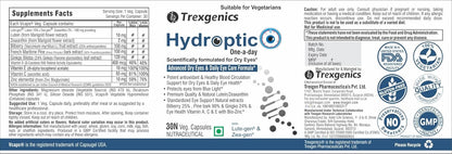 Trexgenics® HYDROPTIC Advanced Dry Eyes & Eye Care One-a-day Vegetarian formula with Lutein, Zeaxanthin, Bilberry, Gingko, Pine Bark, Vitamin C, Zinc &Vitamin A (30 Vcaps) (1)