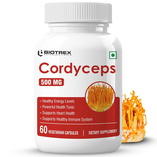 Biotrex Nutraceuticals Cordyceps 500mg | Endurance & Energy Booster | Supports Immune Function | Healthy Brain Function | Overall Wellbeing | 60 Veg Capsules