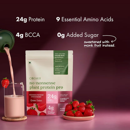 Cosmix no-nonsense plant protein pro package with a glass of strawberry milkshake and strawberries on a purple background.