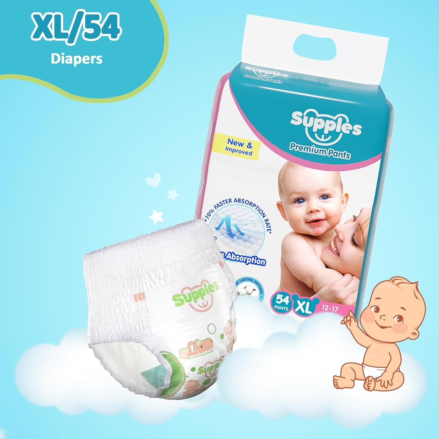 Supples Premium Baby Diaper Pants | 54 Baby Diapers | XL | 12-17 Kg | 12 Hrs Absorption | Cushiony Cotton Soft Fabric | Phthalates-Free | Triple Leak Guard