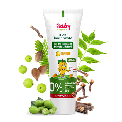 BabyOrgano Ayurvedic Kids Toothpaste for 6+ Months | Mango Flavour | Babool, Mulethi, Triphala & Khadir | Strengthens Gums & Cavity Prevention | Fluoride & SLS Free | FDCA Approved | 50g (Pack of 1)