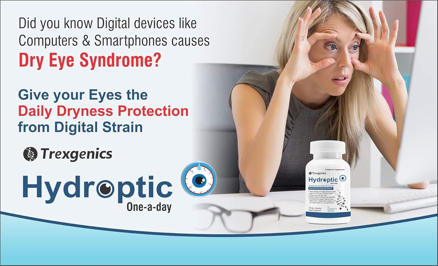 Trexgenics® HYDROPTIC Advanced Dry Eyes & Eye Care One-a-day Vegetarian formula with Lutein, Zeaxanthin, Bilberry, Gingko, Pine Bark, Vitamin C, Zinc &Vitamin A (30 Vcaps) (1)