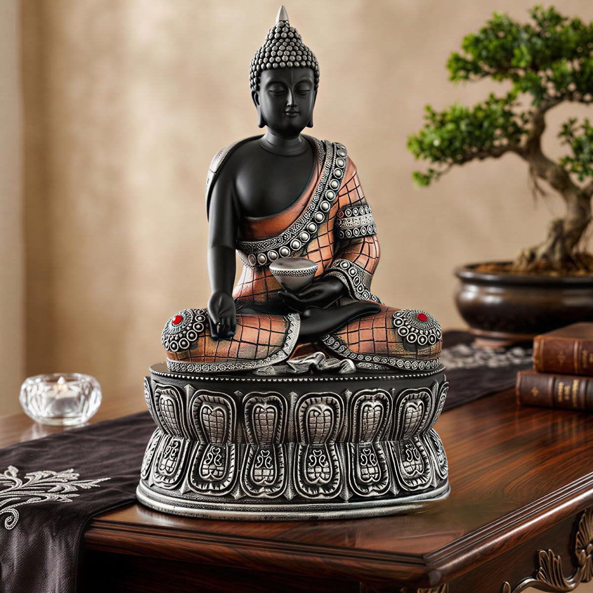 Buddha Statue Showpiece Idol Home Decor Items for Living Room and Gifts (Silver Black Copper)