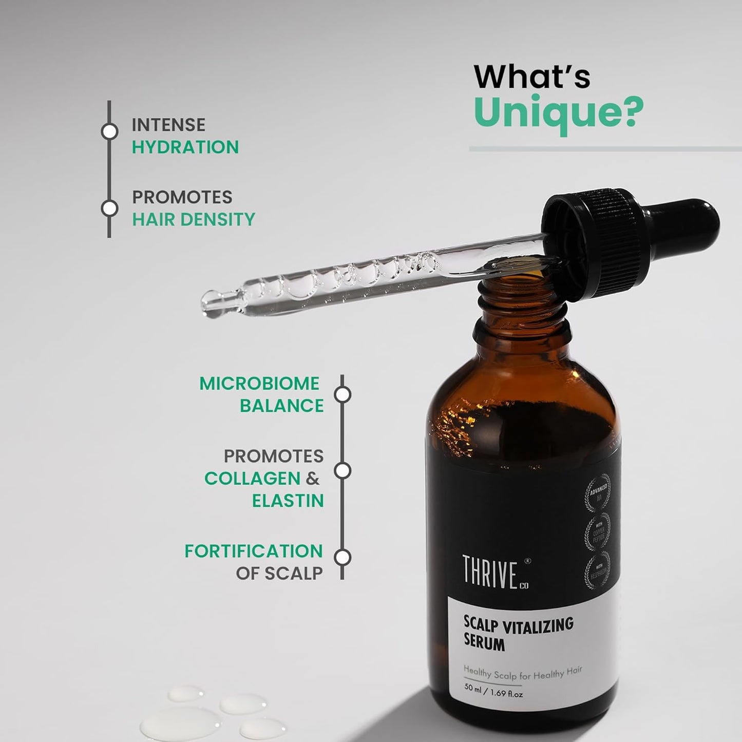 Bottle of Thrive scalp vitalizing serum with dropper on a gray background