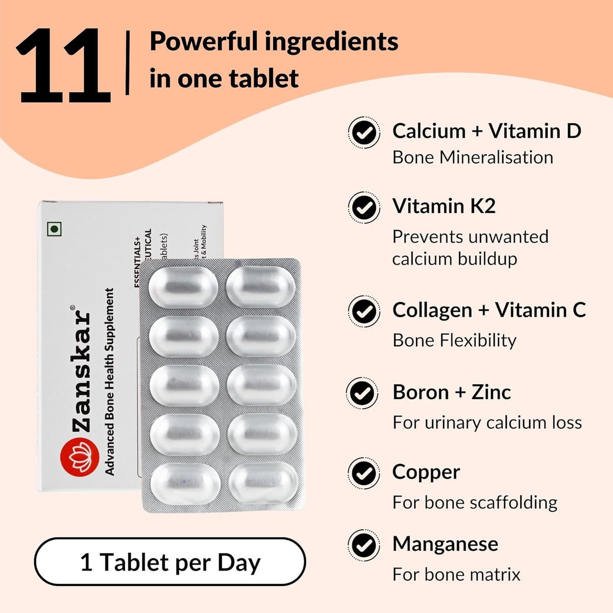 Zanskar Advanced Bone Health Tablet (30 Tablets) | Calcium, Vitamin D3, Vitamin K2, Collagen, Magnesium & Zinc (1200mg) | 100% Veg | Bone Health and Joint Support