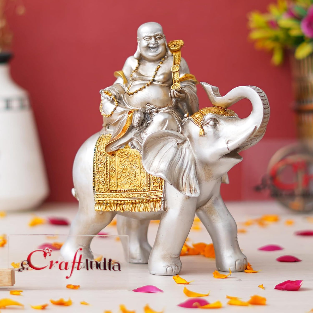 Silver Golden Resin Laughing Buddha Statue Seating on Elephant Figurine Showpiece for Home Decor Living Room Bedroom Laughing Buddha for Good Luck Money| Gift for Birthday Friendship Day
