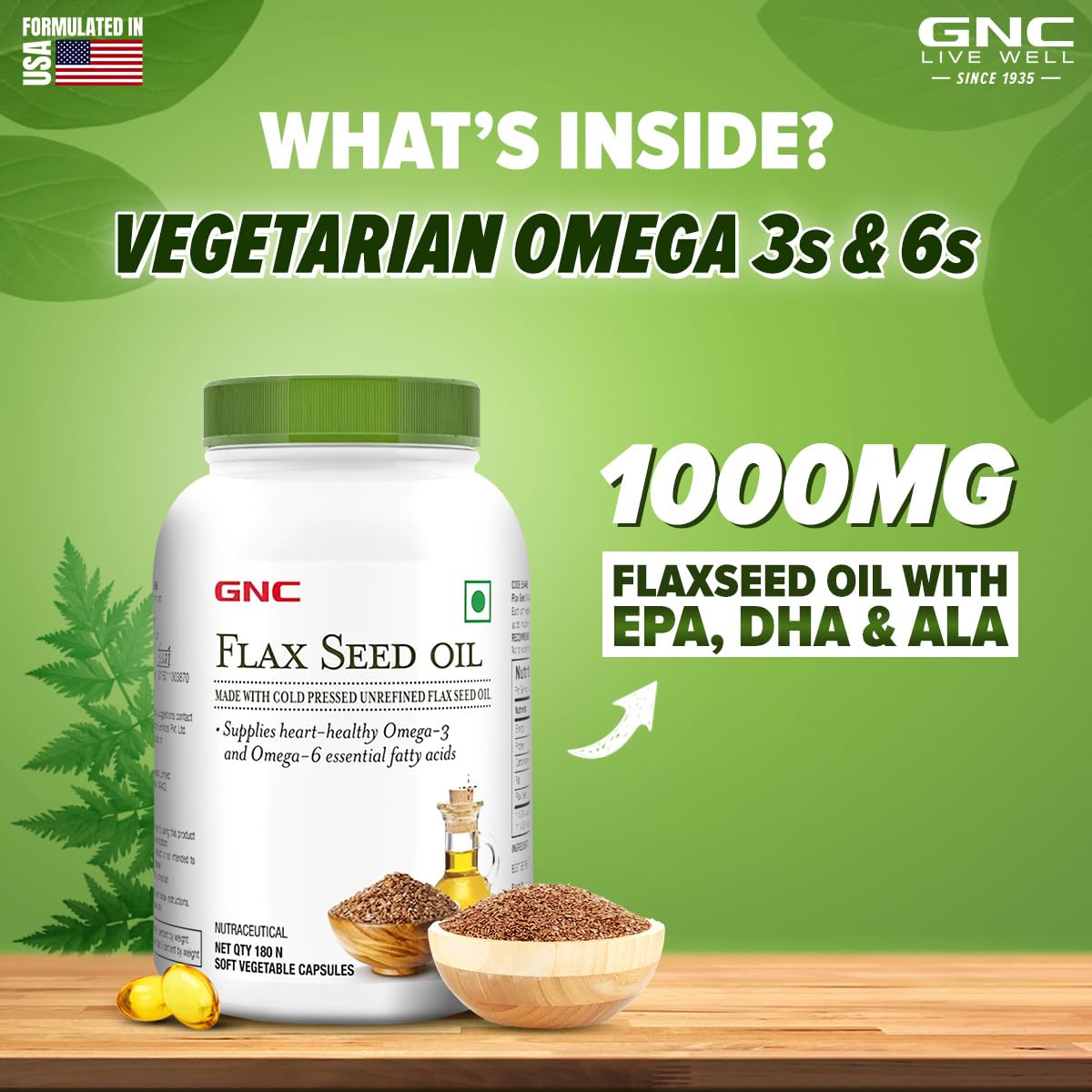 Zephivo GNC Flax Seed Oil Vegetarian Omega 3s | 180 Capsules | Supports Good Memory | Protects Vision | Relieves Stiffness & Joint Discomfort | Cold-Pressed & Unrefined | USA Formulated