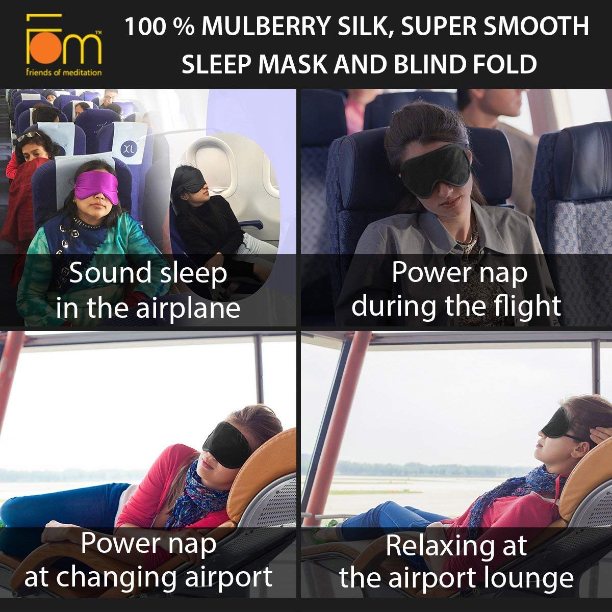Friends of Meditation ® 100% Mulberry Silk, Super Smooth Sleep Mask And Blind Fold (Navy Blue)